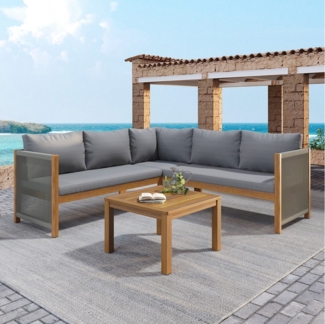 Flieks Gartenlounge-Set, 5-Sitzer Seil Balkonset Gartenmöbel Akazienholz Ecksofa mit Couchtisch