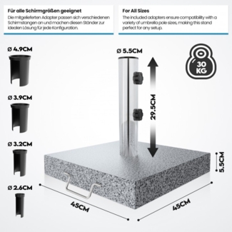 anaterra® Sonnenschirmständer - Granit, 30 kg, Quadratisch, mit Rollen und Griff, Edelstahl - Schirmständer, Sonnenschirmsockel, Ständer für Sonnenschirm, Balkon, Terasse, Garten, Outdoor