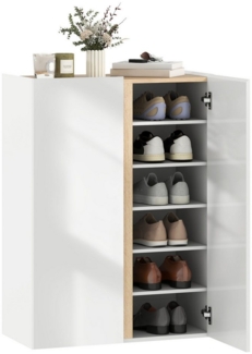 HOMCOM Schuhschrank mit 2 Hochglanz Türen Schuhregal mit 6 Verstellbaren Fächern (Schuhkommode, 1-St, Schuhaufbewahrung) mit Soft-Close-Funktion für 18 Paar Schuhe 70 x 30 x 95 cm, Weiß