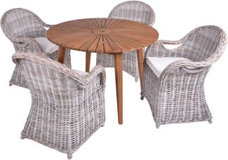 Garten-Sitzgruppe ELODIE 5-tlg. Rattan - Akazie, Grau | Gartenmöbel-Set Gartengarnitur Garten-Essgruppe mit Stühlen und Esstisch