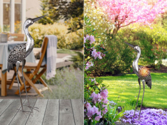 Solarbetriebene LED Deko Figur Kranich aus Metall in Grau, Höhe 77cm