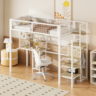 Merax Hochbett 90x200 mit Sicherheitsleiter, Kinderbett mit Eisenrahmen Kleiderschrank und Computertisch Weiß