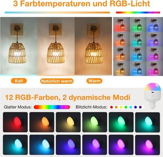 MUPOO Wandleuchte Rattan-Wandleuchte Boho LED Wandleuchte innen,RGB,Batteriebetriebene, 2 Stück, Fernbedienung, 15 Farben, Dimmbar E27 Leuchtmittel, Timer
