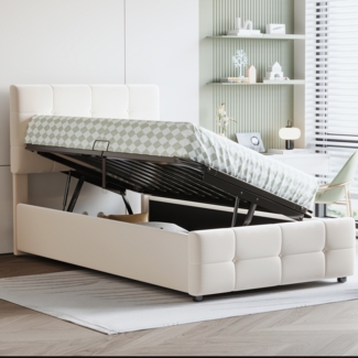 Polsterbett 90x200 cm mit hydraulischem Stauraum und höhenverstellbarem Kopfteil – Samt Beige