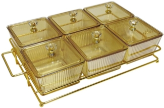 Knabber Schalenset 6 Fächer mit Deckel und Ständer Cerezlik Servierschale Knabberschale aus Glas für Süßigkeiten, Dips, Nüsse, Chips Gold