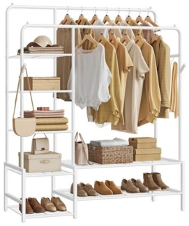 SONGMICS Kleiderständer, offener Kleiderschrank, Garderobenständer mit 7 Ablagen, Kleiderstange, weiß
