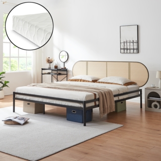 Metallbett Linköping mit ovalem Kopfteil und Matratze 180x200 cm Schwarz/Rattanoptik [en. casa]