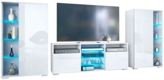Vladon Wohnwand Davos, (Anbauwand, bestehend aus 2 Vitrinen, 1 TV-Board und LED-Beleuchtung), Weiß matt/Weiß Hochglanz (329 x 134 x 35 cm)