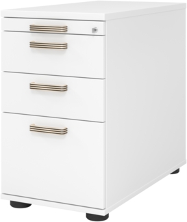 bümö Schreibtisch Schrank Büro mit Hängeregister für Hängeordner, Schubladenschrank Holz in weiß, Container mit Schubladen & Hängeregistratur - Schreibtisch Kommode mit Streifengriffe, SC40-W-W-SG