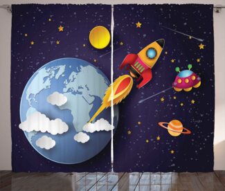 Abakuhaus Gardine Schlafzimmer Kräuselband Vorhang mit Schlaufen und Haken, Platz Rakete Erde Sterne UFO