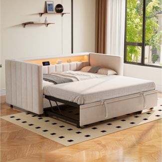 MODFU Schlafsofa mit ausziehbarem Bett, Funktionsbett mit LED-Ambiente und USB-Anschluss, Polsterbett 90x190/180x190 cm, ohne Matratze