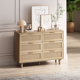 HAUSS SPOLE Sideboard 110cm Mehrzweckschrank Kommode Beistellschrank mit 6 Schubladen (Rattan-Kommode mit 6 Schubladen – Modernes Design, große Stauraumlösung, ideal für Schlafzimmer & Wohnzimmer)