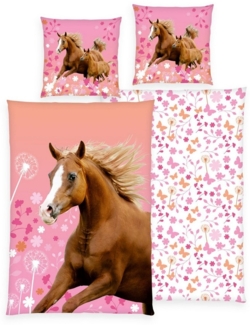 Familando Kinderbettwäsche mit Pferden 135x200 80x80 cm aus 100% Baumwolle mit Reißverschluss, Renforcé, 2 teilig, mit geblümter Wendeseite und zarten Rosé Tönen