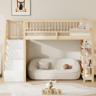 Multifunktions Hochbett 90x200 cm Mit Schrank Regal Und Schreibtisch Kinderhochbett Sicherheitsgeländer Spielbett Stauraum Kiefernholz Etagenbett Jugendzimmer Raumwunder Platzsparend Arbeitsbereich Holzfarben Natur