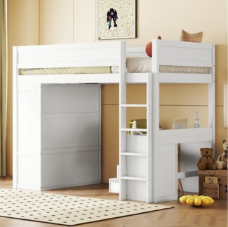 TavilaEcon Hochbett aus massivem Kiefernholz und MDF, mit Kleiderschrank mit Schreibtisch, 90×200cm, weiß