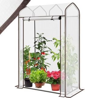 Sekey Gewächshaus Klein Tomatengewächshaus 150x100x50 cm, Mini Gewächshaus Folie Tomatenhaus Balkon Garten, Dachschräge Tomaten Foliengewächshaus Stabil Winterfest, Weiß