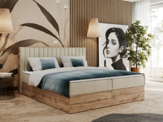Boxspringbett mit dekorativem Kopfteil und zwei Bettkästen, Eiche Holzrahmen - ALBERO 4 - 120x200 cm - Beige Velours - H4
