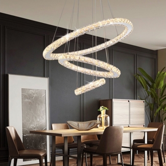 oyajia LED Pendelleuchte Moderne LED Deckenlampe 60W, Dimmbar 3 Ring Kristall Pendelleuchte, LED fest integriert, Warmweiß, Naturweiß, Kaltweiß, 60+40+20 cm Höhenverstellbar Hängelampe Esstischlampe, Bürolampe