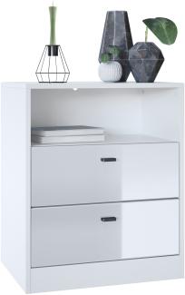 Vladon Kommode Pino V1, Nachttisch mit 2 Schubladen & 1 offenem Fach, Weiß matt/Weiß Hochglanz ohne LED (56 x 67,5 x 36 cm)