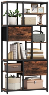 HOMCOM Standregal Bücherregal mit 2 Stoffschubladen, 9 offenen Fächern, Aufbewahrungsregal 1-tlg, für Büro, Wohnzimmer, Schlafzimmer, 72,5 x 30 x 150 cm, Rustikal-Braun