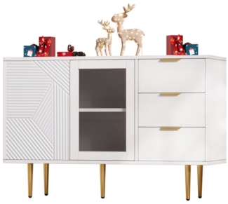 Refined Living Sideboard Kommode mit 3 Schubladen und 2 Türen,mit Metallfüße und Stauraum (Maße: 120 x 38 x 79.5 cm, Kommode mit Glastüren, Aufbewahrungsschrank Wohnzimmer, mit Metallfüßen, Lowboard, Moderne Wohnzimmerschränke, Kommode mit Glasvitrine,...