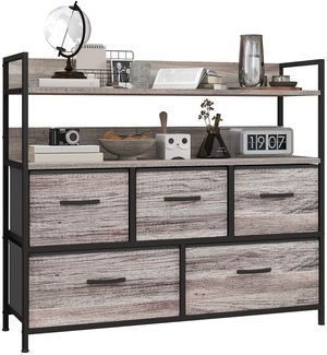 HOMCOM Kommode mit 5 Schubladen aus Stoff, Aufbewahrungsschrank, Kommodenschrank mit 2 Regalen, Stahlgestell, Industrie-Design für Wohnzimmer, Schlafzimmer Grau