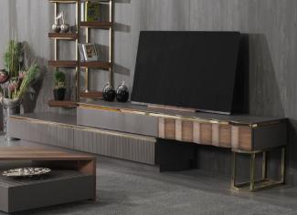 Casa Padrino Luxus Wohnzimmer TV Schrank Set Grau / Braun / Gold - 1 TV Schrank mit 4 Schubladen & 2 Wandregale - Wohnzimmer Möbel - Massivholz Möbel - Luxus Möbel - Luxus Einrichtung