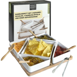 Moritz & Moritz Servierplatte Weiße Dipschalen Set mit Brett Holz Lavender, Keramik, (Set, 11-tlg, 11- teiliges Set), Hochwertiges Keramik