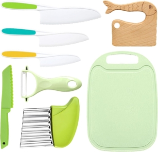 ZEUOPQ Kinderkochmesser 8-teiliges, Kinder Küchenmesser aus Holz zum Kochen und Schneiden, Küchenmesser für Kleinkinder, mit Holzmesser, Schneidebrett, Schäler