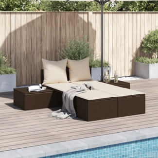 vidaXL Doppel-Sonnenliege mit Auflagen Braun Poly Rattan 368390