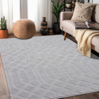 Teppich Wohnzimmer Kurzflor Grau 200x290cm Ornament Vintage mit Hoch-Tief-Effekt, 3D Effekt, Weich