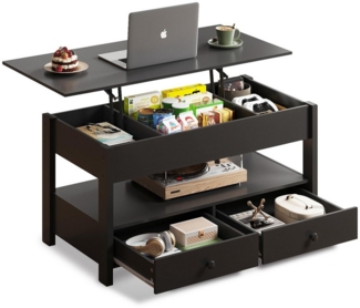 WLIVE Couchtisch mit Lift-Top, höhenverstellbarer Wohnzimmertisch mit Stauraum (2 Schubladen & offener Ablage, verstecktes Fach), Lift-Top Tischplatte, 100 × 50 × 48–61 cm, Schwarz/ Braun