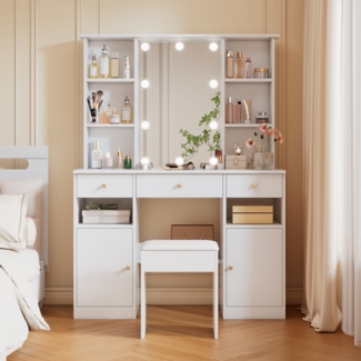 Merax Großer Schminktisch, Make-up Tisch mit verstellbarer LED-Beleuchtung, mit Spiegel und schminktisch hocker, 3 Schubladen und 2 Türen, Schlafzimmer Weiß