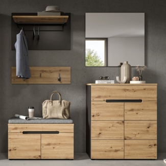 Lomadox Garderoben-Set CORTONA-158, (Spar-Set, 4-St, Garderobenpaneel Flurbank Schuhkommode Spiegel), Garderobenmöbel Flurmöbel Flurschrank modern in Eiche mit grau