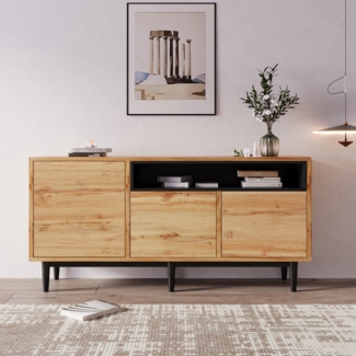 Sideboard 160×35×76 cm mit 3 Türen, verstellbaren Regalen, Holzoptik Schwarz,Aufbewahrungsschrank