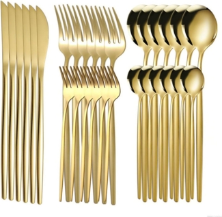 30-teiliges Edelstahl-Besteckset | Hochglanzpoliert, spülmaschinenfest, 124-teiliges Besteckset für 6 Personen, Gold