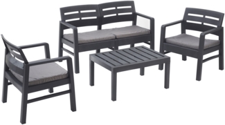 Dmora Outdoor-Lounge-Set Arti, Gartenkomposition mit 2 Sesseln, 1 Sofa und 1 Couchtisch, Lounge für drinnen und draußen mit Kissen, 100 % Made in Italy, Anthrazit