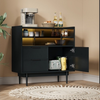 HAUSS SPOLE Sideboard 80×80cm Küchenschrank Badezimmerschrank Kommode mit Glastür & LED (Aufbewahrungsschrank, Buffetschrank,Sideboard-Buffet, Organizer, 1 St, 2 Schubladen, 3 Türen), mit Lichtleiste