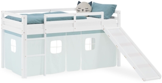 Hochbett Kinder 90x200 cm mit Rutsche Kinderbett Kinderhochbett Stockbett Vorhang Grün Mintgrün Leiter Holz Massiv