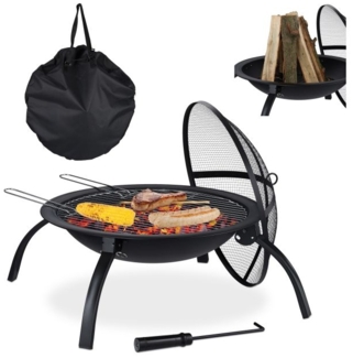 Relaxdays XL Feuerschale, mit Tasche, Grill Rost, Schürhaken, Funkenschutz, Stahl Schwarz, Ø 49x42,5 cm
