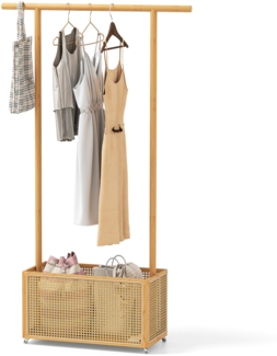 Bambus-Kleiderständer Garderobenständer mit Rattan-Aufbewahrungskorb & Rollen Natur