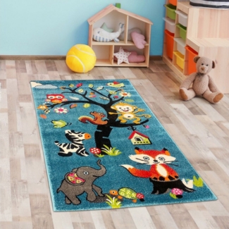 Carpetia Kinderteppich Teppich mit vielen Tiermotiven, in blau, Kinderfreundlich, rechteckig