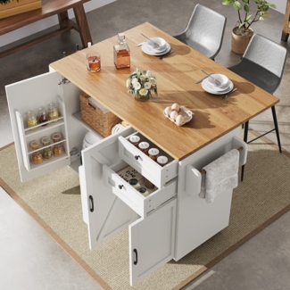 Merax Kücheninsel, Küchenschrank, buffetschrank, Speisewagen mit Holzmaserung, buffetschrank, Multifunktionale Esstisch mit Speicherraum, Speisewagen mit Snackregalen, weiß
