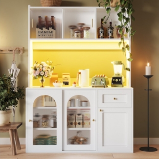 Flieks Küchenbuffet mit LED-Beleuchtung, Glas-Schiebetüren und Schubladen (1-St, B120/T35/H167 cm) Hochschrank Küchenschrank Geschirrschrank mit verstellbare Ablagen