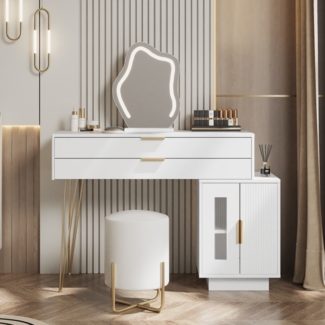 Merax Schminktisch mit LED-beleuchtetem Spiegel, Schminktisch-Set mit ausziehbarem Design, moderner Kosmetiktisch für das Schlafzimmer, B100/H78/T40 cm (ohne Hocker), Weiß