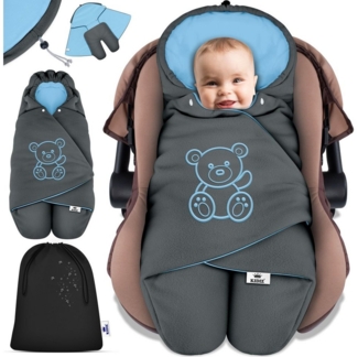 KIDIZ® Baby Einschlagdecke Winter mit Kapuze +Tasche Babyeinschlagdecke Universal für Babyschale, Autositz, z.B. für Maxi-Cosi, Römer für Buggy Babybett Kinderwagen & alle Gurtsysteme 3 & 5-Punkt Gurt Anthrazit / Hellblau