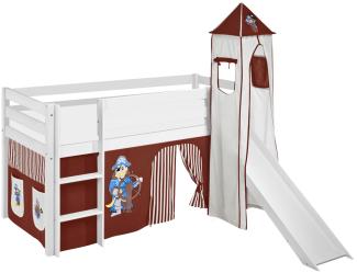 Lilokids 'Jelle' Spielbett 90x190 cm, Pirat Braun Beige, Kiefer massiv, mit Turm, Rutsche und Vorhang