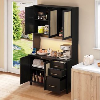 Odikalo Küchenbuffet Buffetschrank Sideboard Schubladen Natur/Schwarz H183 (183cm Küchenanrichte, Buffet, verstellbare Einlegeböden, 3 Schubladen, goldene Metallgriffe, ideal für Küchen und Esszimmer)