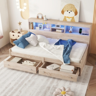 Holzbett mit LED-Beleuchtung und Stauraum, 90x200 cm, Einzelbett mit Mehrfachsteckdose und Lattenrost, Jugendbett