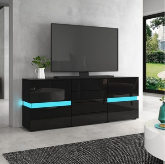 BESTWANTED Sideboard Hochglanz-Anrichte mit LED-Beleuchtung, 2 Türen, 4 Schubladen (1 St), Mit 16 LED-Farben/4 Blitzeffekten, Drucksystem, 35x177x72 cm, schwarz